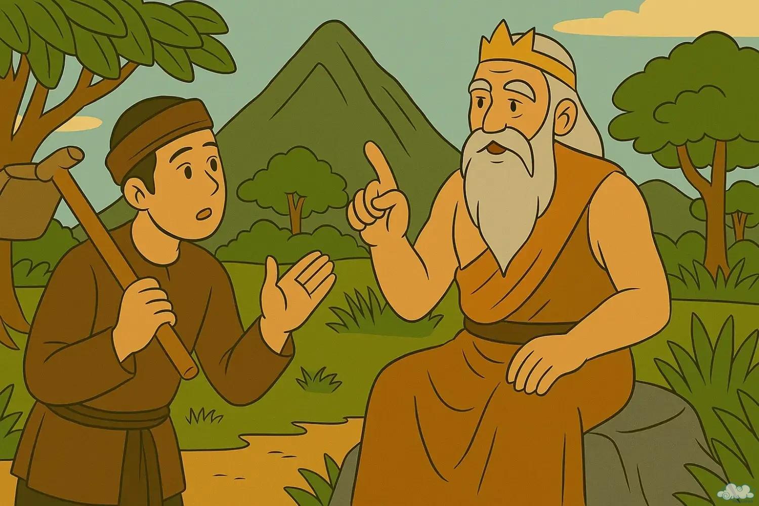 Hình minh họa anh nông dân gặp thần núi