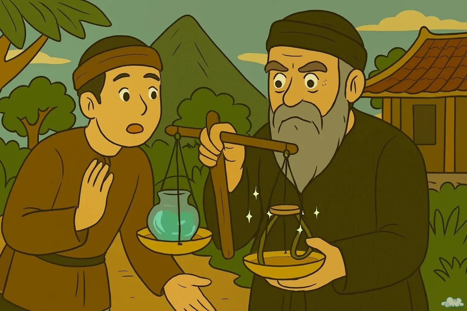 Hình minh họa truyện dân gian Việt Nam Cái Cân Thủy Ngân – câu chuyện về lòng trung thực và mưu mẹo
