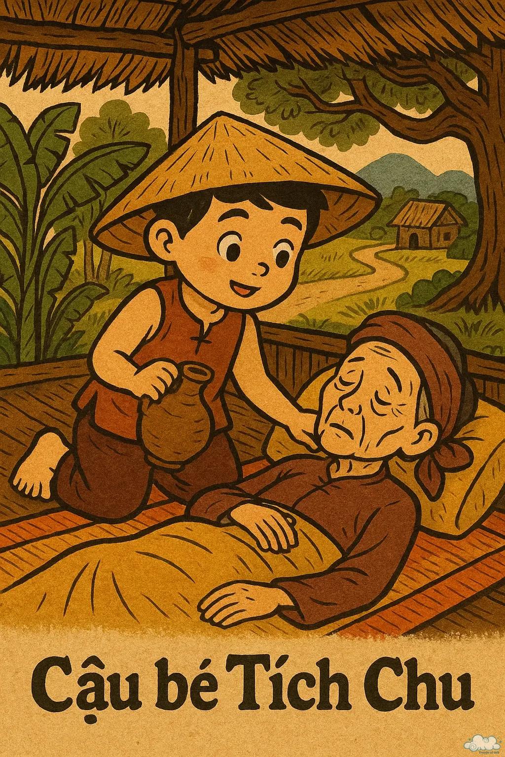 Minh họa truyện Cậu Bé Tích Chu – cậu bé dũng cảm vượt đường rừng tìm nước tiên cứu bà