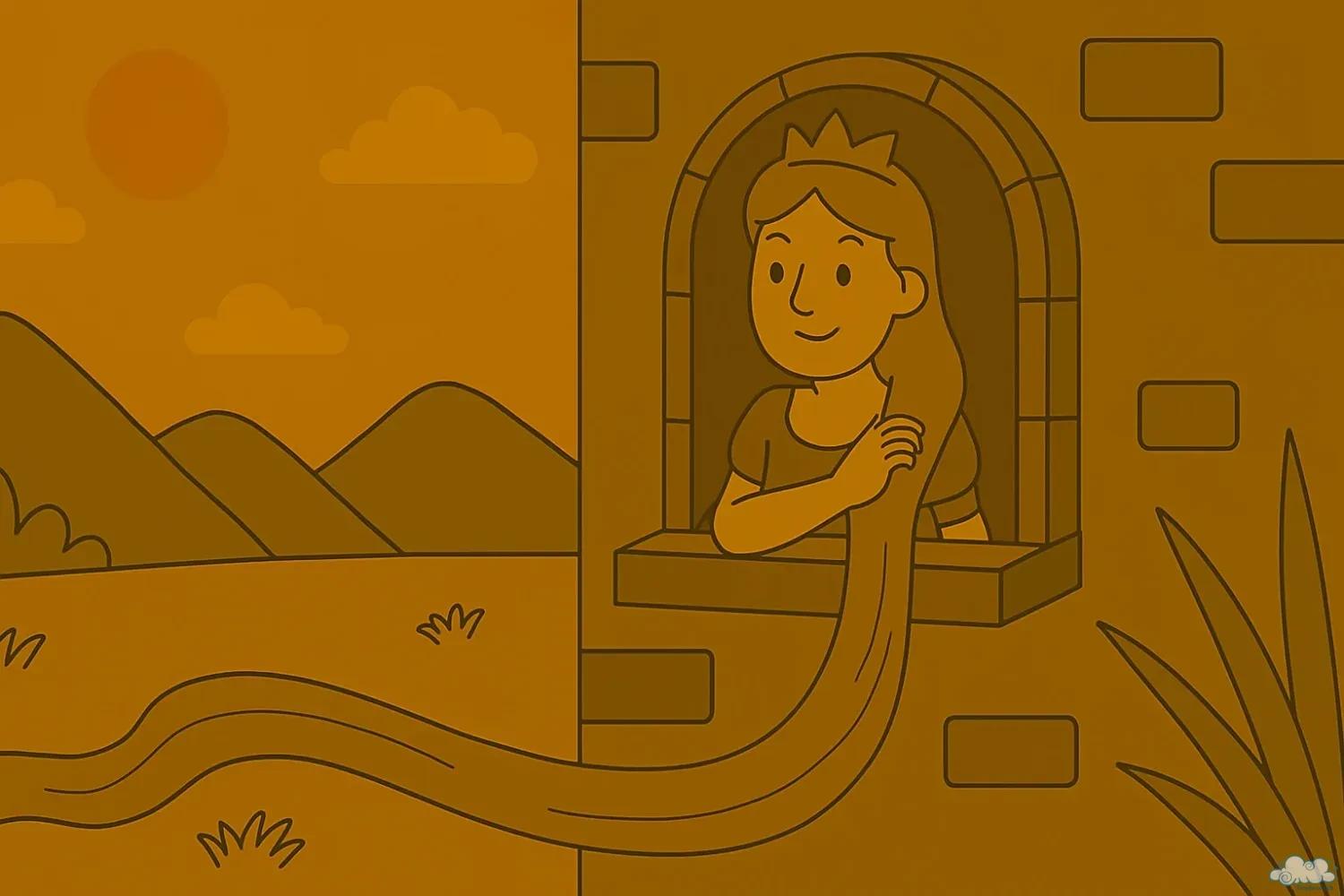 Công chúa tóc dài Rapunzel đang thả tóc từ tòa tháp – minh họa truyện cổ tích thế giới nổi tiếng