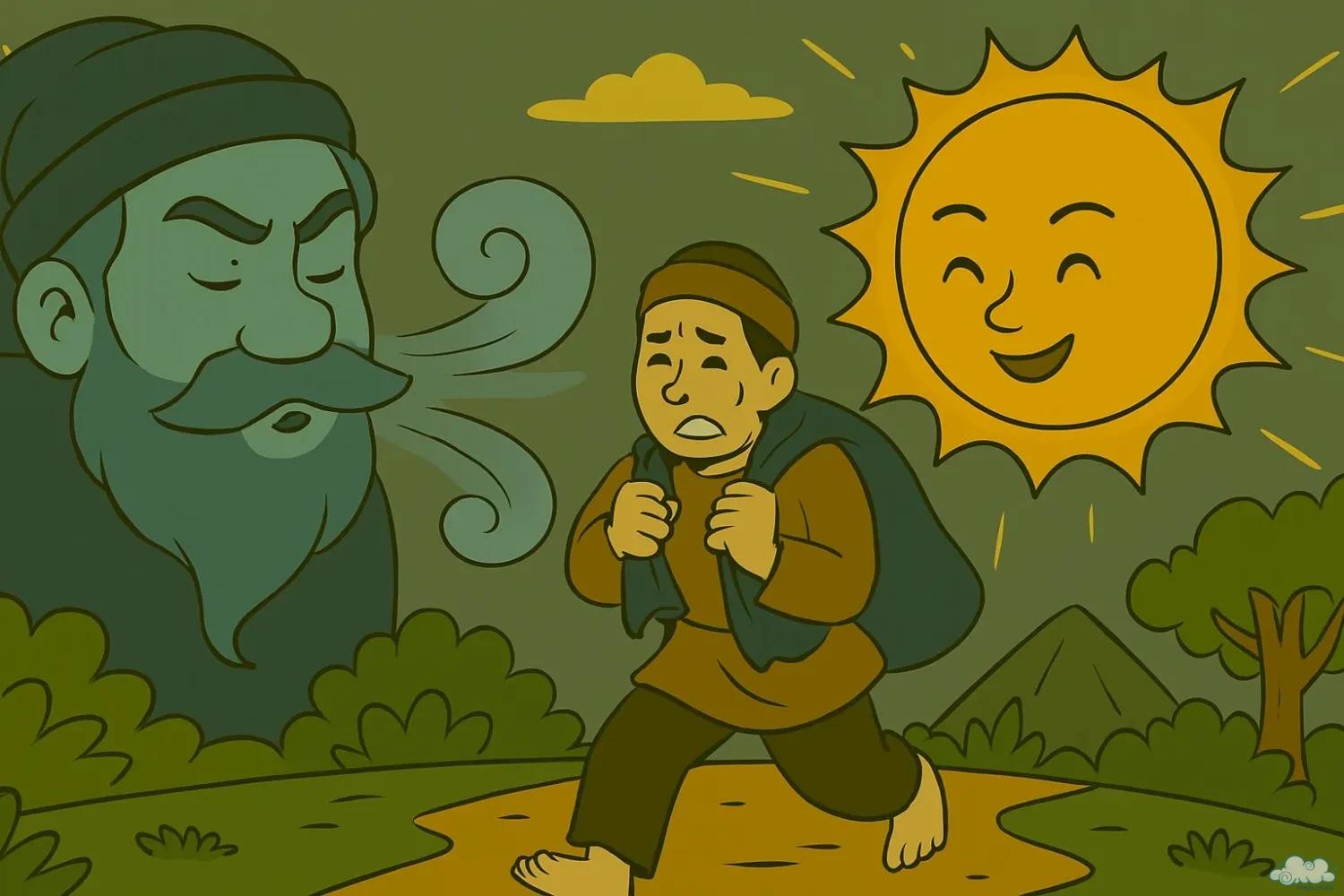 Minh họa truyện ngụ ngôn Gió Bắc và Mặt Trời – Cuộc tranh tài để khiến người đàn ông cởi áo khoác