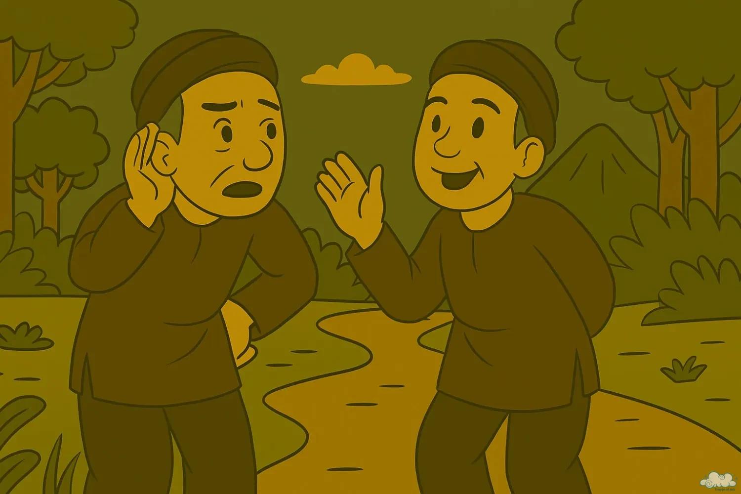 Minh họa truyện cười Làng Điếc – những người làng trò chuyện nhưng ai cũng hiểu sai ý