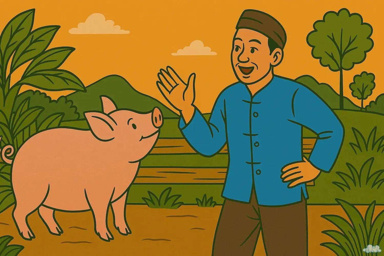 Minh họa truyện Lợn Cưới Áo Mới – hai người đàn ông khoe áo mới và lợn cưới trên đường làng