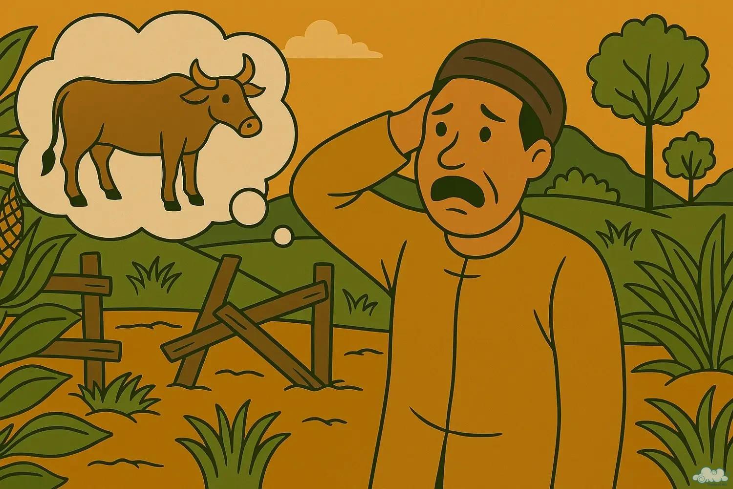 Truyện cười mất trộm bò – người nông dân đổ lỗi cho quan vì mất bò, dù chính mình ngủ quên và lười suy nghĩ.