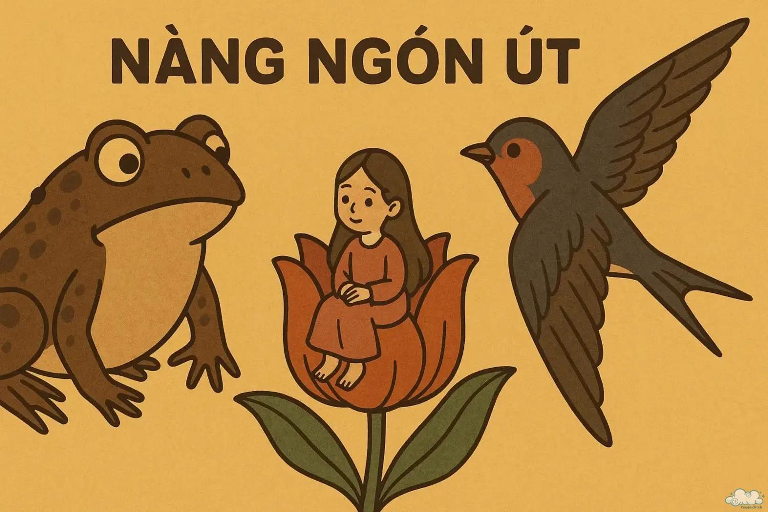 Tranh minh họa truyện cổ tích Nàng Ngón Út cưỡi trên cánh hoa – cô bé tí hon xinh đẹp giữa thiên nhiên