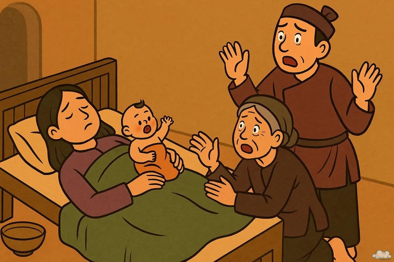 Cảnh người làng bàn tán về việc người chết đẻ con