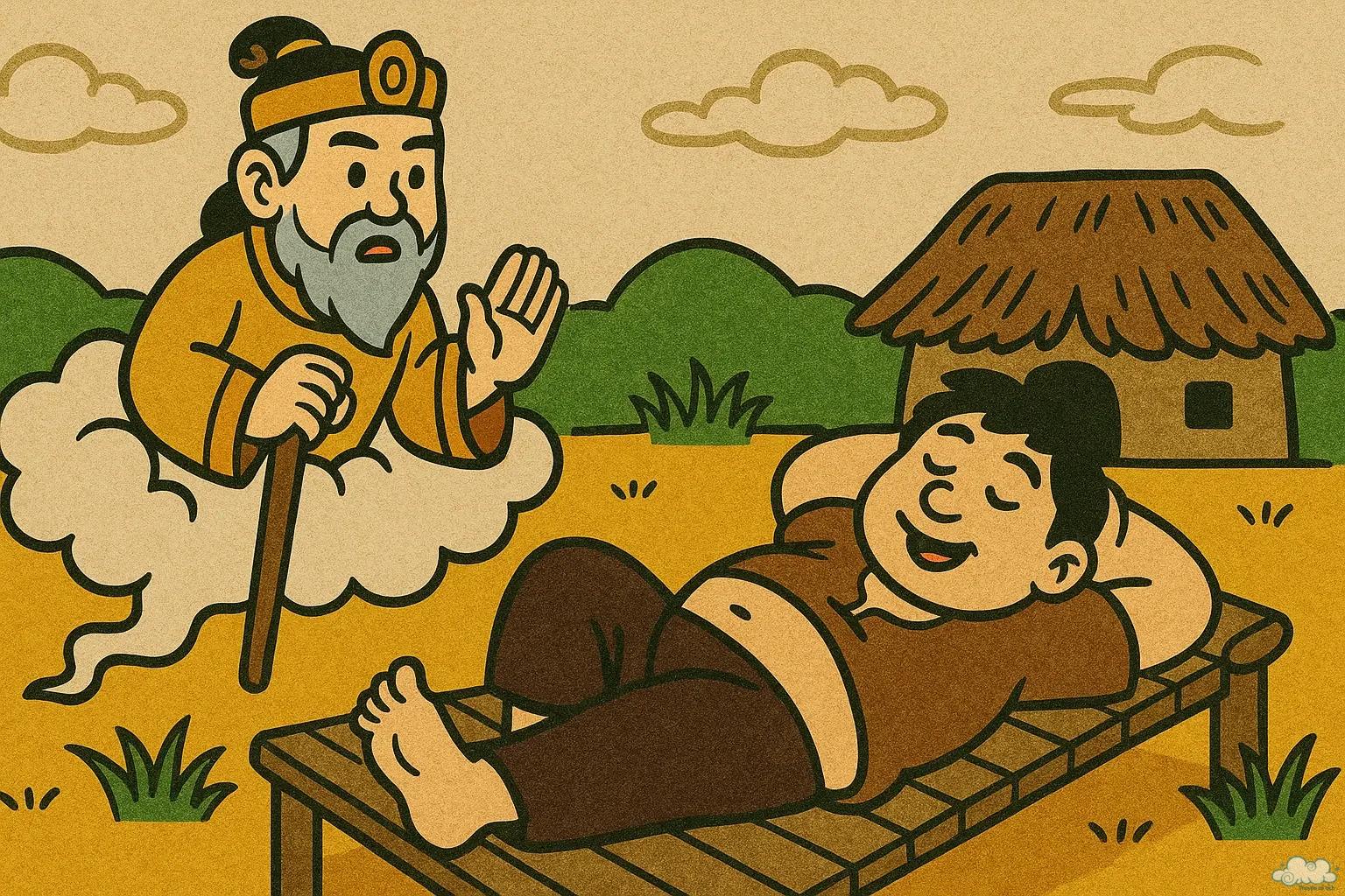 Minh họa hài hước cho truyện cười Nguyện Vọng Của Anh Lười – chàng trai lười biếng có mong ước kỳ lạ
