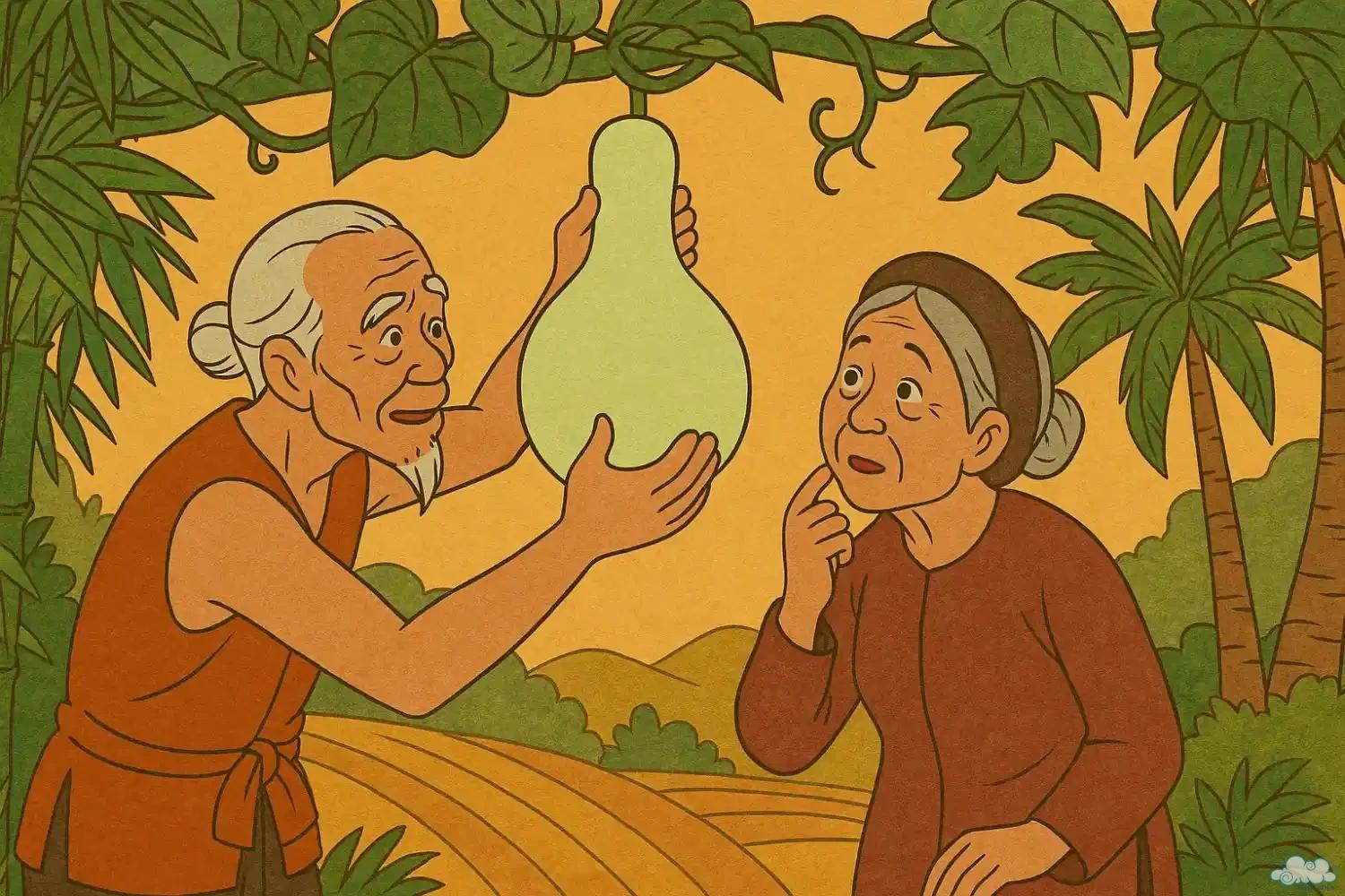 Hình ảnh người em mở quả bầu tiên – Tranh minh họa truyện cổ tích Việt Nam