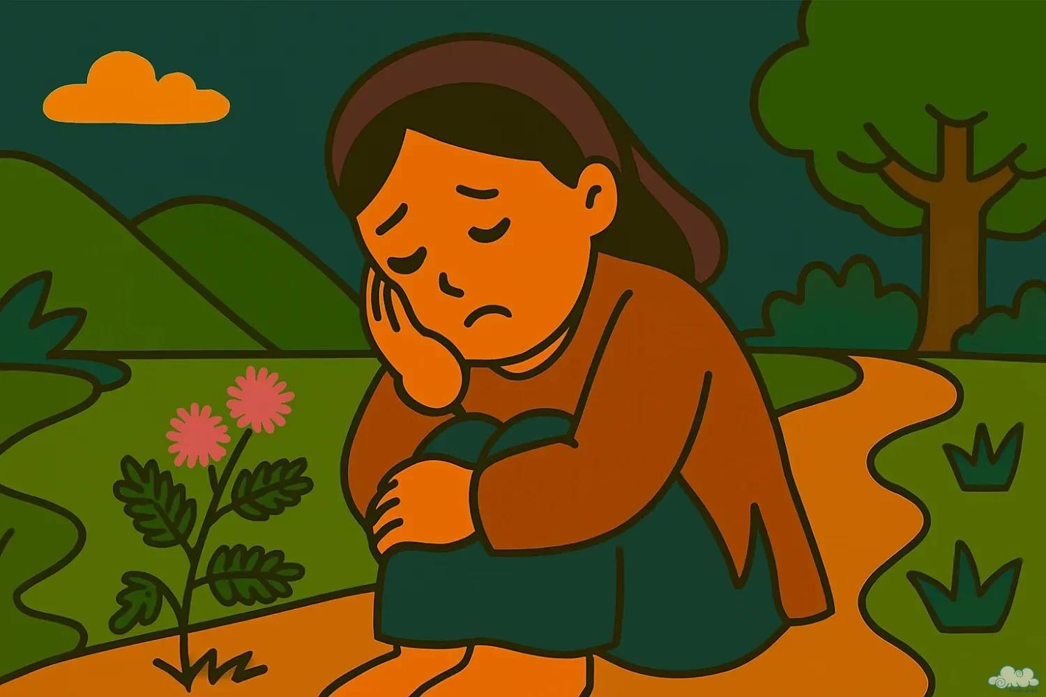 Minh họa truyện Sự Tích Cây Xấu Hổ – cô gái hóa thành cây xấu hổ vì lòng hiếu thảo