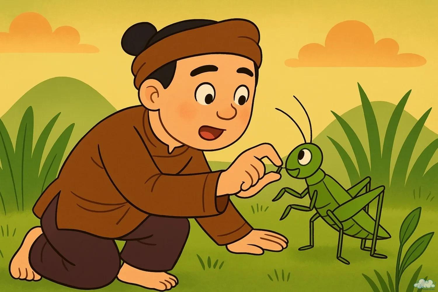 Minh họa truyện Sự Tích Con Cào Cào – loài côn trùng nhỏ nhảy xa