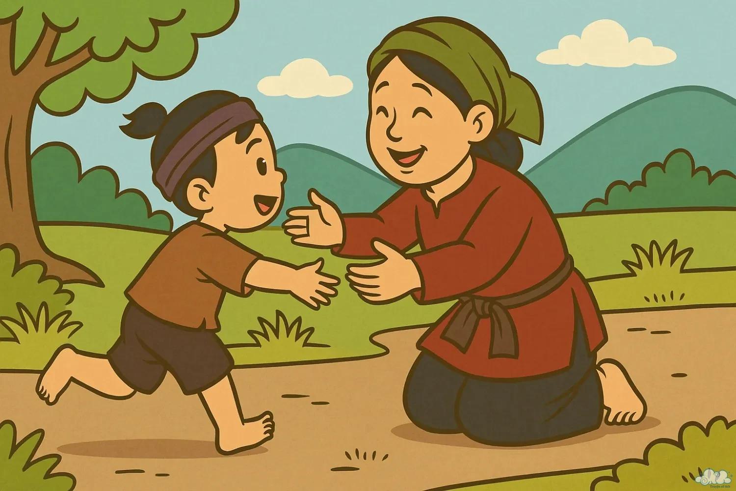 Tranh minh họa truyện Tìm mẹ – cảnh người con băng rừng vượt suối tìm mẹ