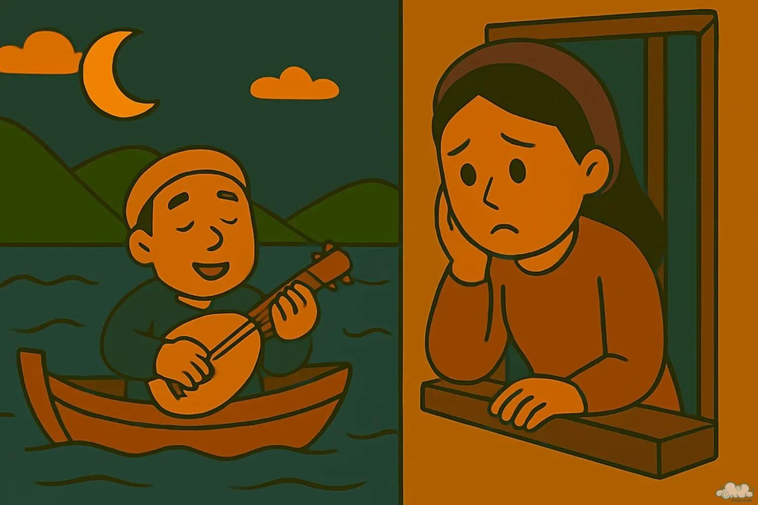 Tranh minh họa Trương Chi và Mỵ Nương bên chiếc chén ngọc