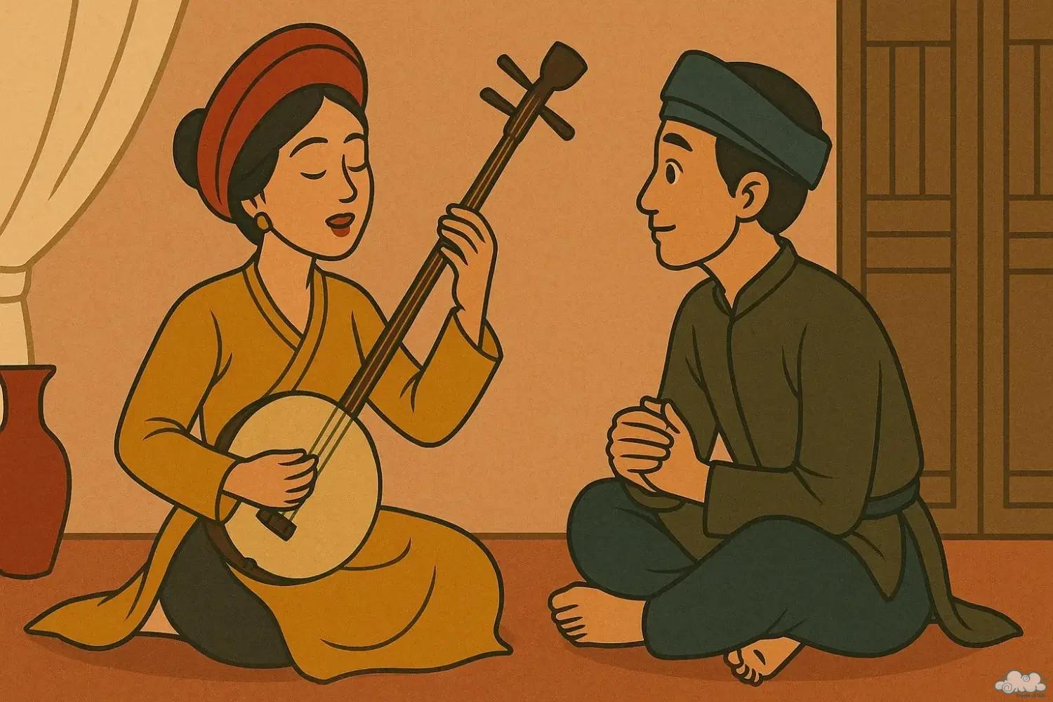 Cô đào hát với người học trò nghèo Minh họa cô đào hát giúp đỡ người học trò nghèo trong truyện cổ tích Việt Nam